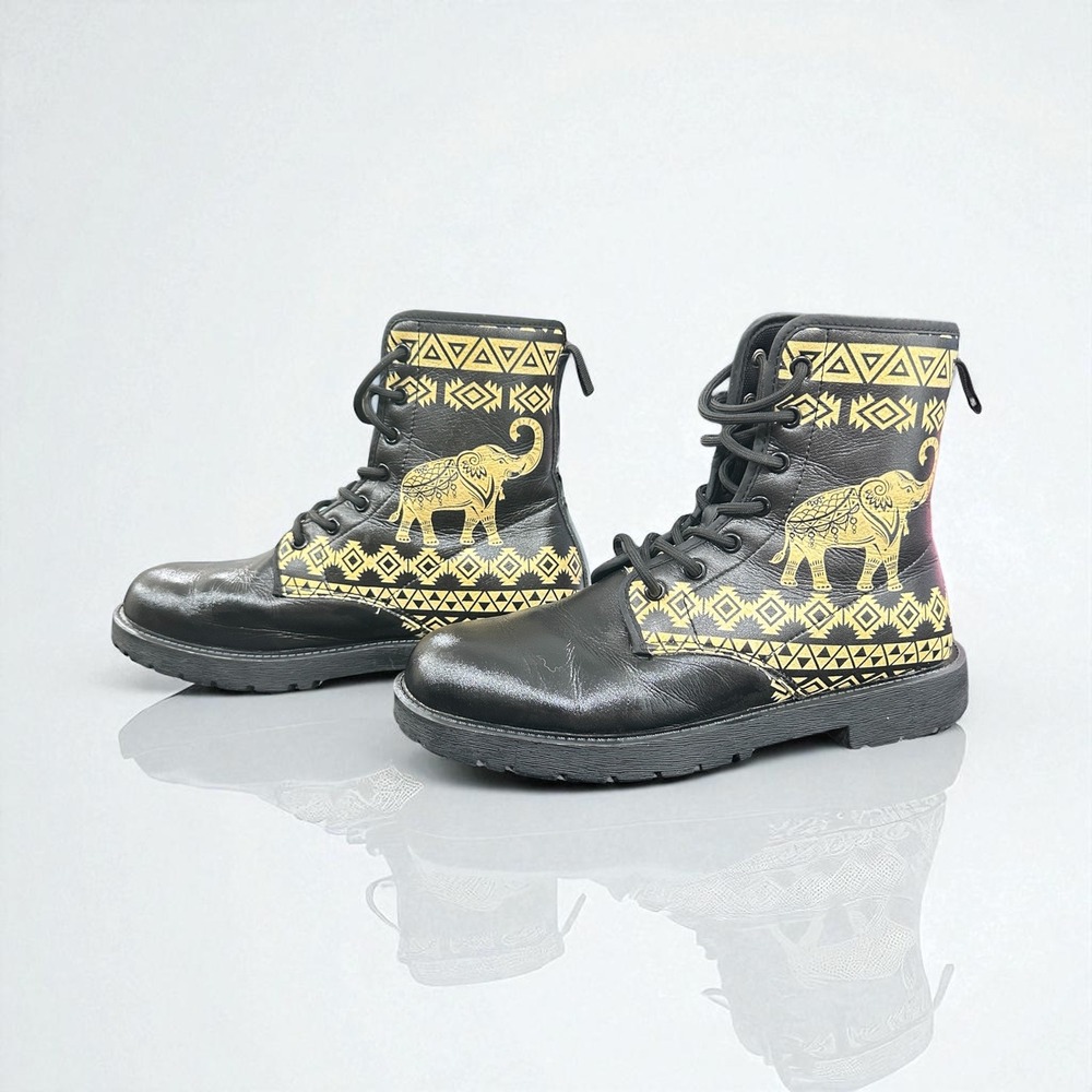 Unisex Tribal Elephant Boots‎ Vegan Friendly PU Leather Lace Up Waterproof M6 F8 - Picture 5 of 9